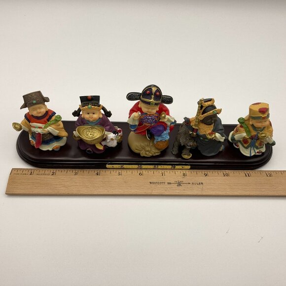 Five Prosperity God Miniture Figurines With Wooden Stand, Vintage, Handpainted - Picture 8 of 11
